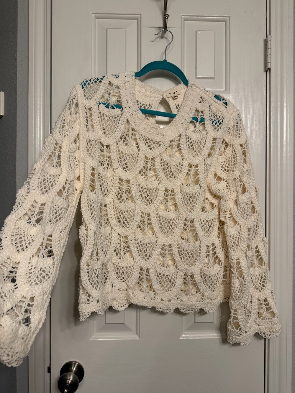 POL Cream Crochet Open-Knit Crew Sweater